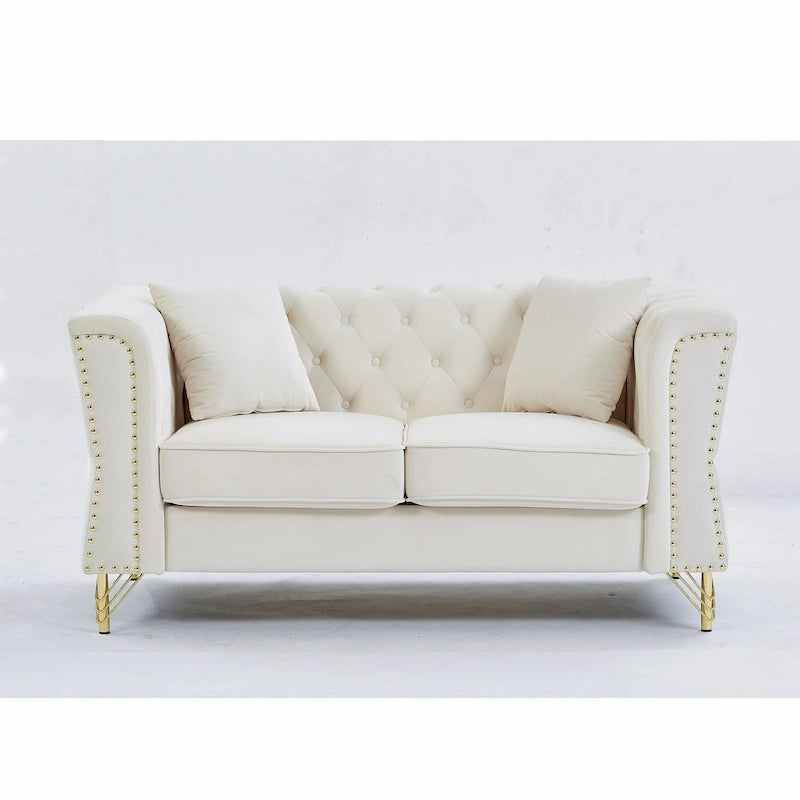 Canapé 2 places en velours beige 60,2 avec pieds en métal, 2 coussins, clous décoratifs, cadre en bois massif et rembourrage en mousse
