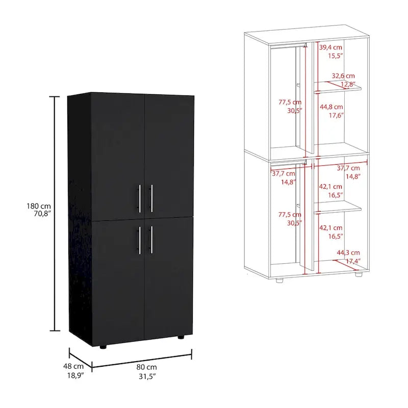31,5 Armoire moderne à quatre portes avec six étagères et deux tringles pour chambre à coucher