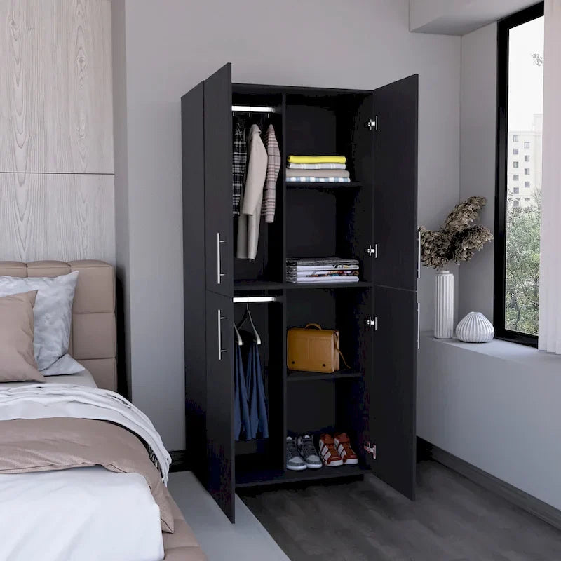 31,5 Armoire moderne à quatre portes avec six étagères et deux tringles pour chambre à coucher