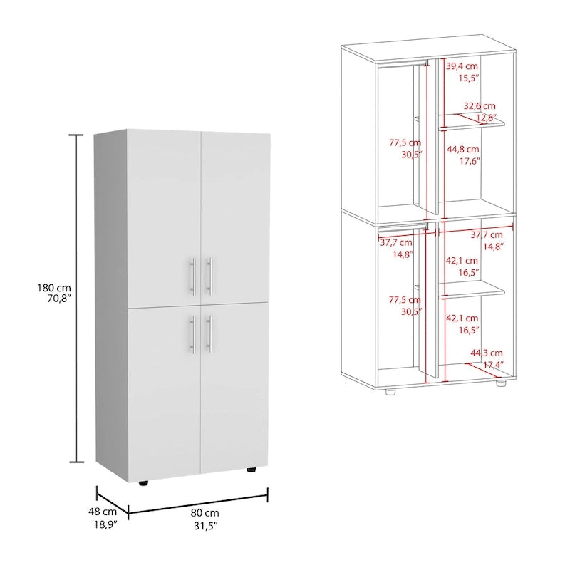 31,5 Armoire moderne à quatre portes avec six étagères et deux tringles pour chambre à coucher