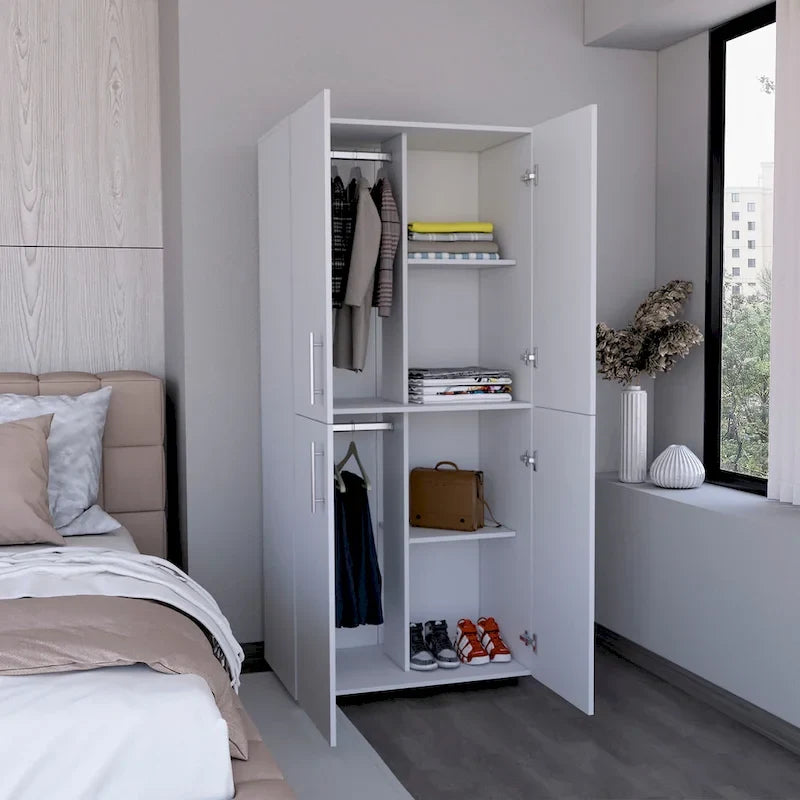 31,5 Armoire moderne à quatre portes avec six étagères et deux tringles pour chambre à coucher