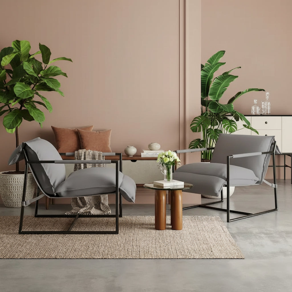 Fabric Accent Chair Metal Framed Sling Armchair Set of 2