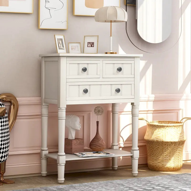 Narrow Console Table with Three Storage Drawers and Bottom Shelf