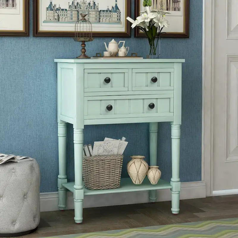 Narrow Console Table with Three Storage Drawers and Bottom Shelf