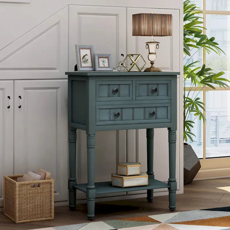 Narrow Console Table, Slim Sofa Table with Three Storage Drawers and Bottom Shelf - 23.7L x 13W x 31.1H