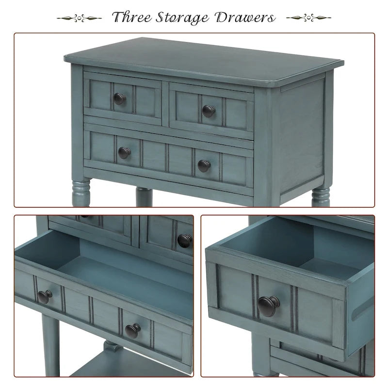 Narrow Console Table with Three Storage Drawers and Bottom Shelf