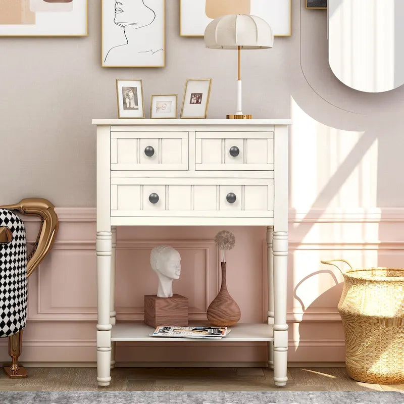 Console étroite avec trois tiroirs de rangement et une étagère inférieure