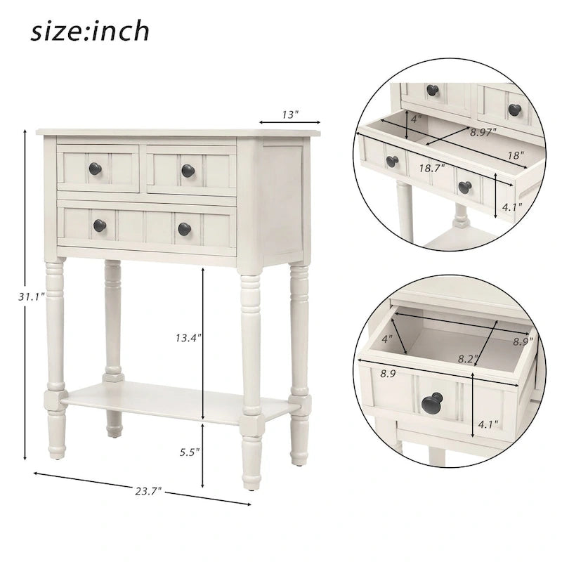 Console étroite avec trois tiroirs de rangement et une étagère inférieure