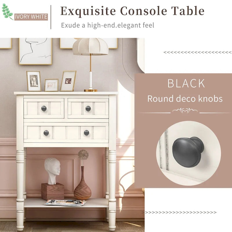 Console étroite avec trois tiroirs de rangement et une étagère inférieure