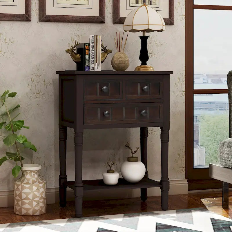 Console étroite avec trois tiroirs de rangement et une étagère inférieure