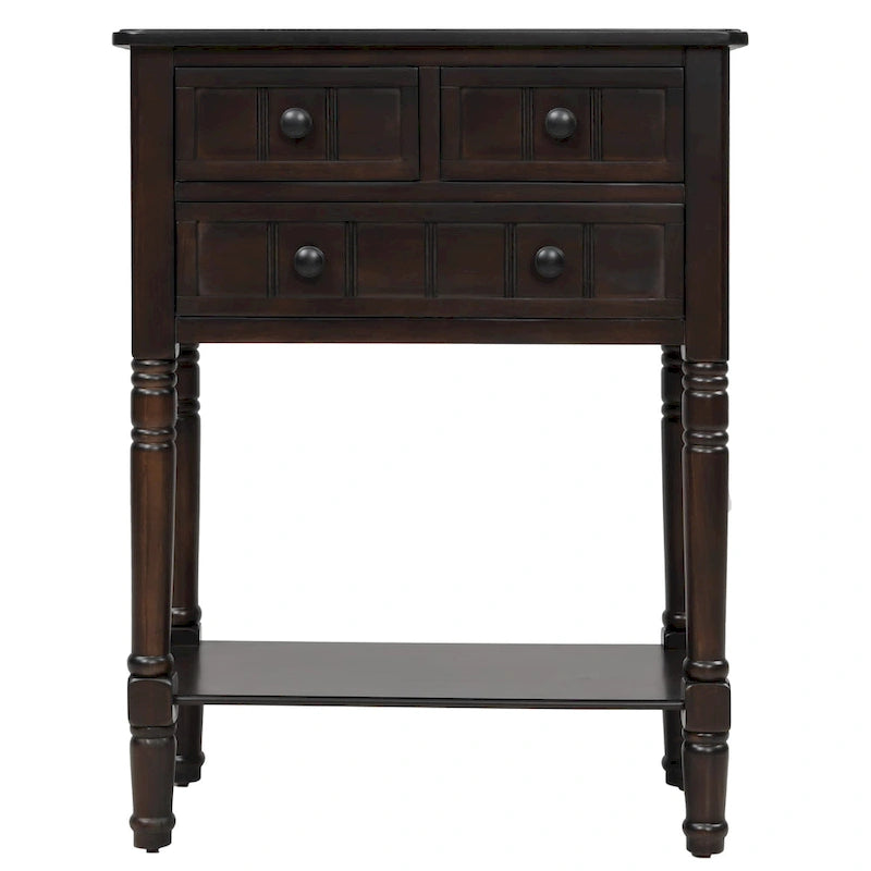 Console étroite avec trois tiroirs de rangement et une étagère inférieure