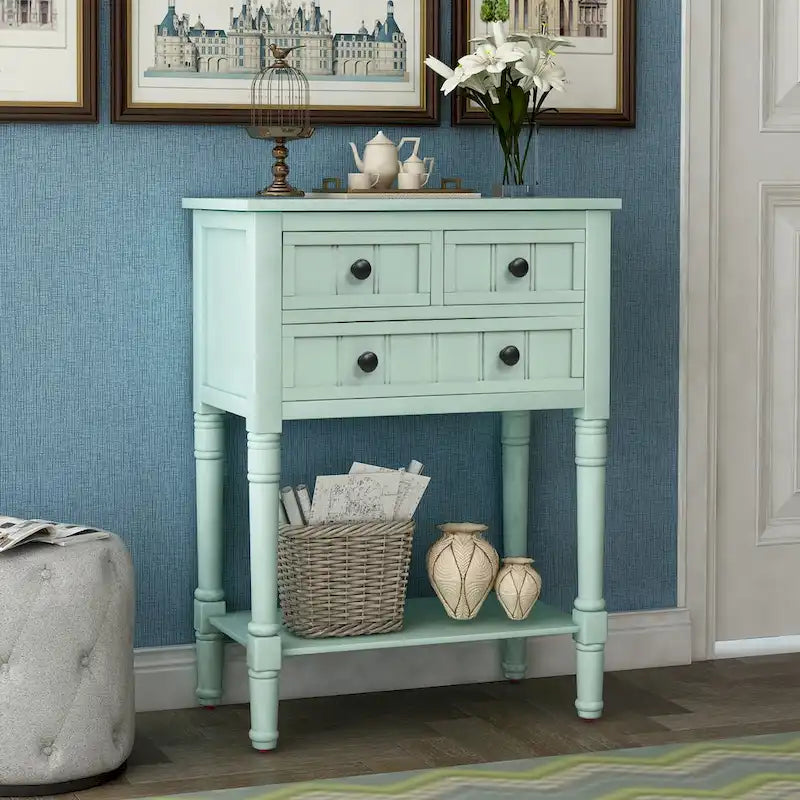 Console étroite avec trois tiroirs de rangement et une étagère inférieure