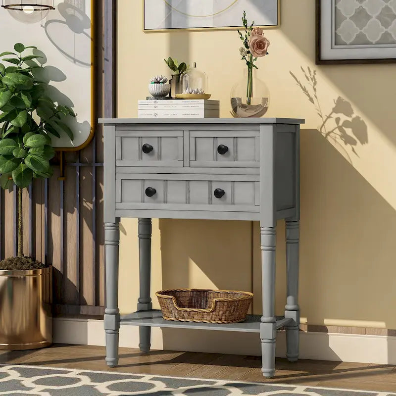 Console étroite avec trois tiroirs de rangement et une étagère inférieure