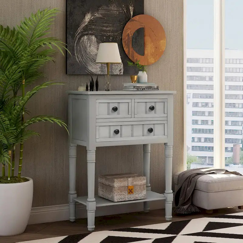 Console étroite avec trois tiroirs de rangement et une étagère inférieure