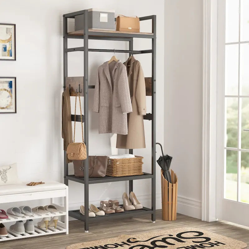 Freestanding Hall Tree with Storage Shelves & Hooks