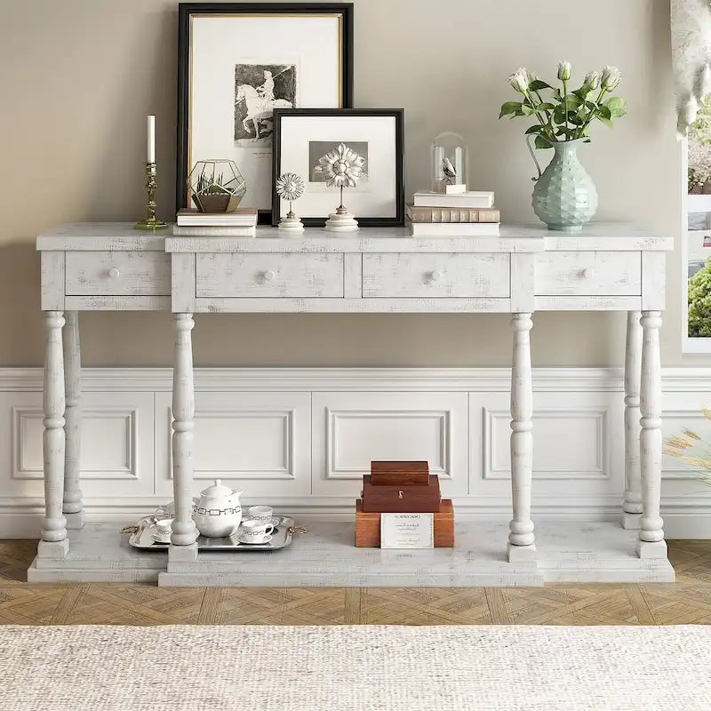4-Drawer 1-Shelf Console Table, Classic Entryway & Storage Sofa Table