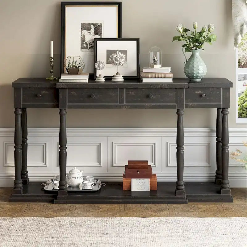 4-Drawer 1-Shelf Console Table, Classic Entryway & Storage Sofa Table