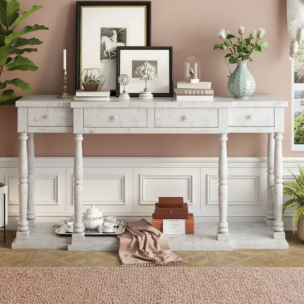 Retro Senior 4-Drawer 1-Shelf Console Table, Classic Entrance Display Table Entryway Table, Storage Sofa Table