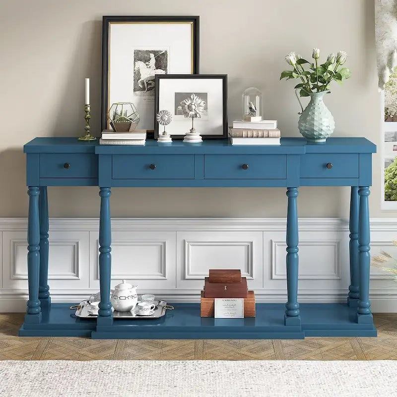 4-Drawer 1-Shelf Console Table, Classic Entryway & Storage Sofa Table