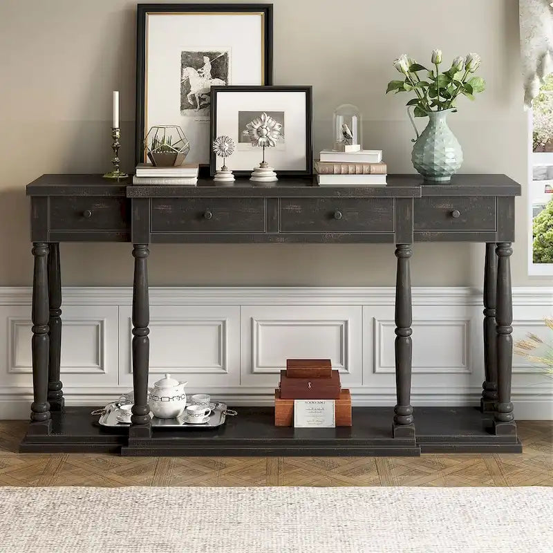 4-Drawer 1-Shelf Console Table, Classic Entryway & Storage Sofa Table