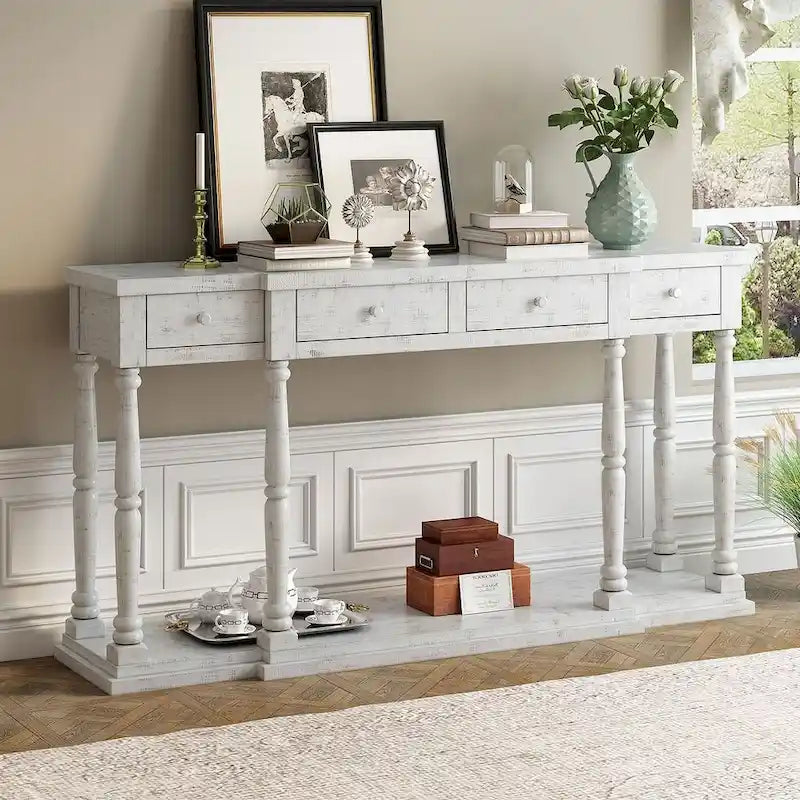 4-Drawer 1-Shelf Console Table, Classic Entryway & Storage Sofa Table