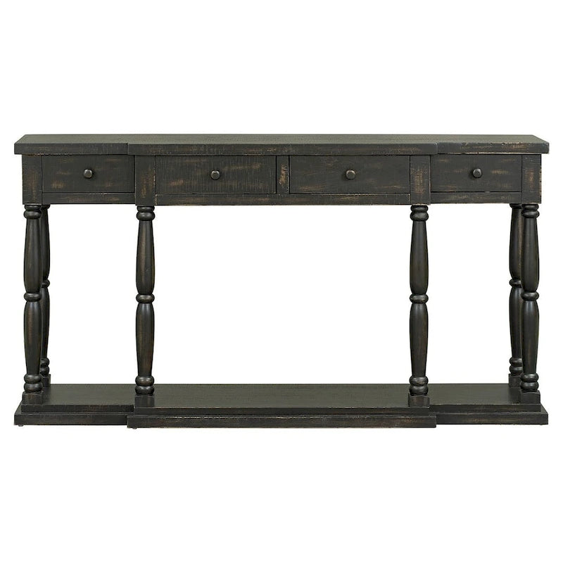 Console 4 tiroirs, 1 étagère, table d'entrée classique et table de canapé de rangement