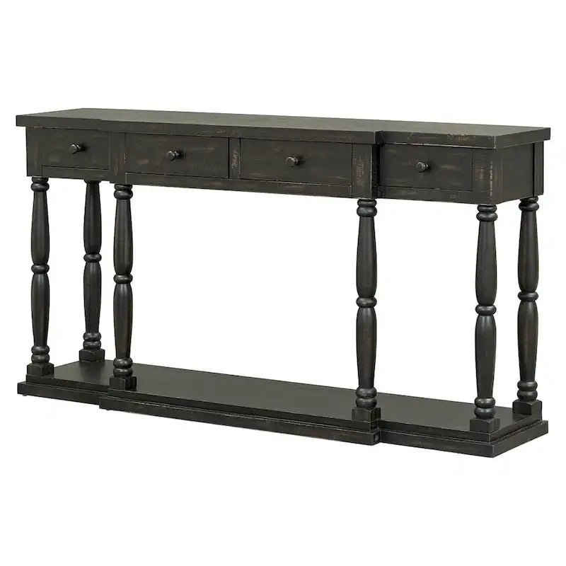 Console 4 tiroirs, 1 étagère, table d'entrée classique et table de canapé de rangement