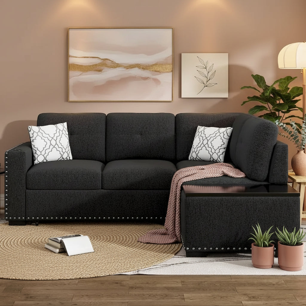 83.8 Sectional Pull-Out Sofa Bed L-Shaped Corner Sofa Couch with Storage Chaise, USB Ports, Power Sockets, Cup Holder for Livin
