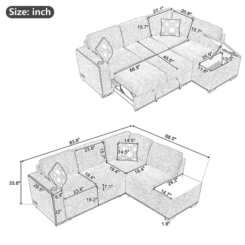 83.8" L‑Shaped Pull‑Out Sofa Bed with Storage Chaise