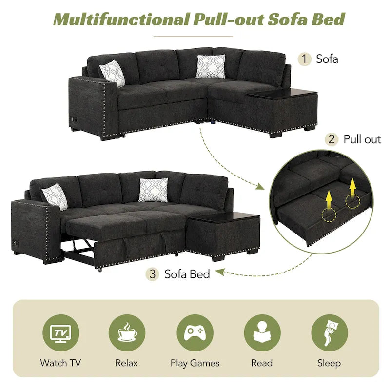 83.8" L‑Shaped Pull‑Out Sofa Bed with Storage Chaise