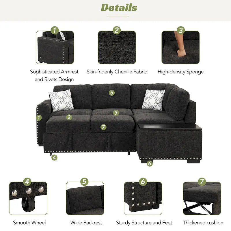 83.8" L‑Shaped Pull‑Out Sofa Bed with Storage Chaise