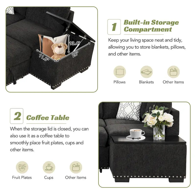 Canapé-lit d'angle escamotable de 212,8 cm avec méridienne de rangement