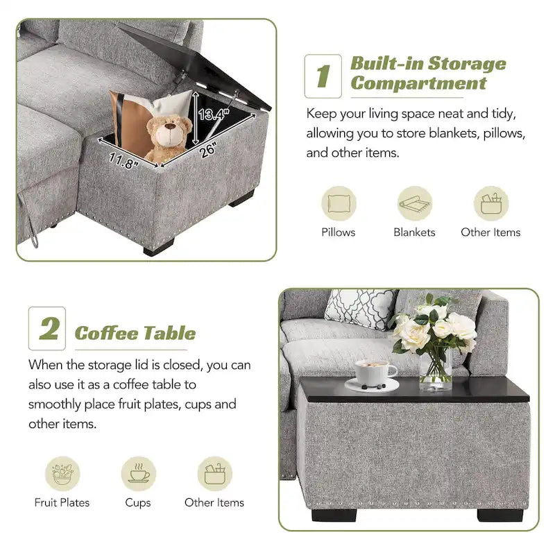 Canapé-lit d'angle escamotable de 212,8 cm avec méridienne de rangement