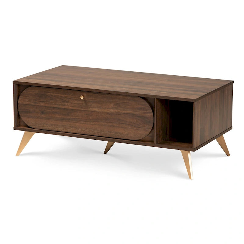 Mid-Century Walnut Brown and Gold Finished Wood Coffee Table