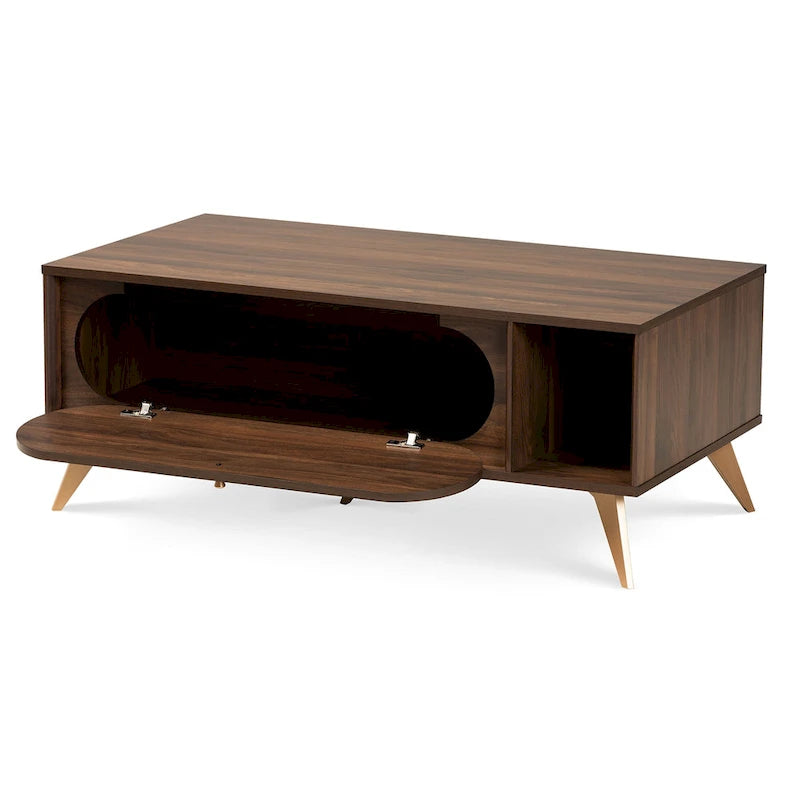 Mid-Century Walnut Brown and Gold Finished Wood Coffee Table