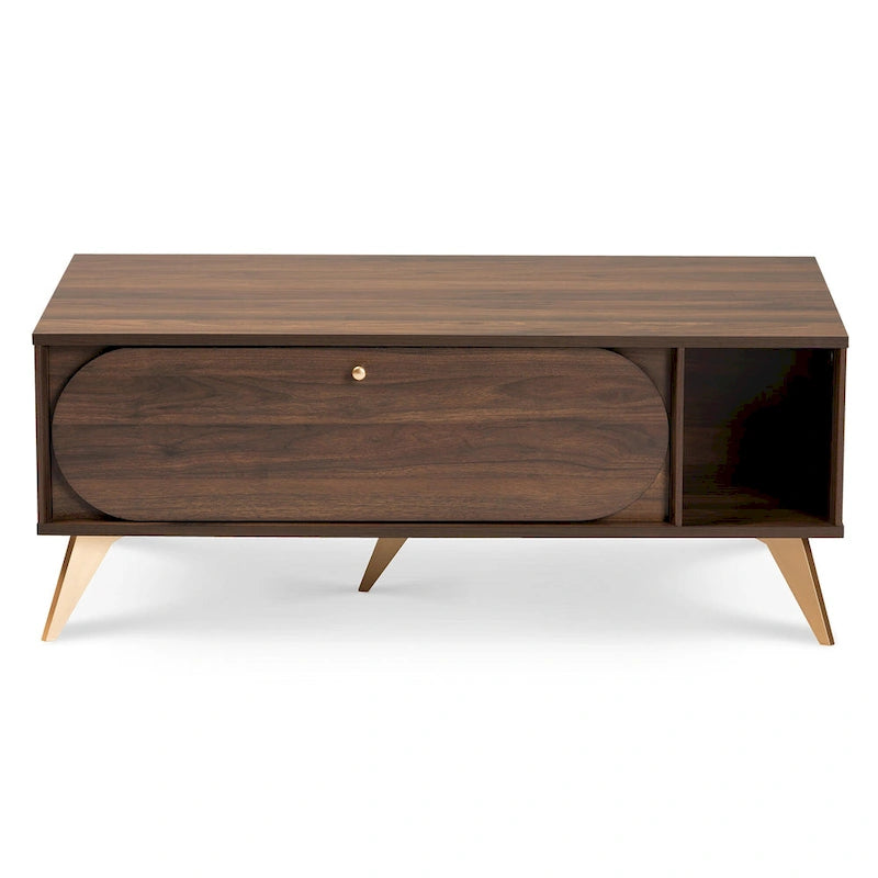 Mid-Century Walnut Brown and Gold Finished Wood Coffee Table