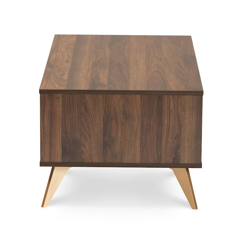 Table basse en bois au fini noyer brun et or, style Mid-Century