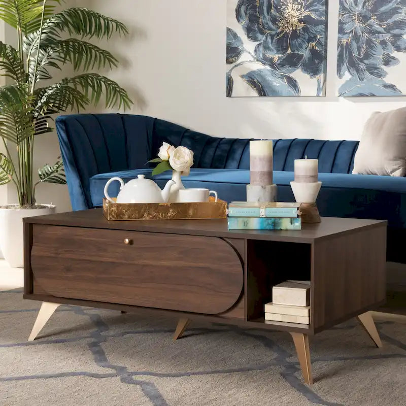 Table basse en bois au fini noyer brun et or, style Mid-Century