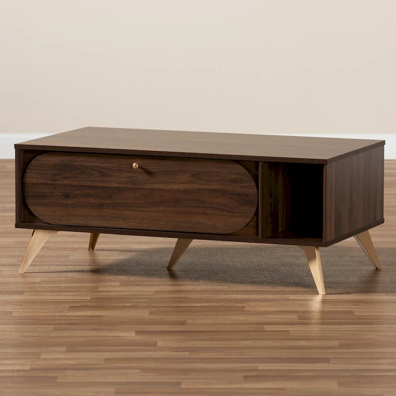 Table basse en bois au fini noyer brun et or, style Mid-Century