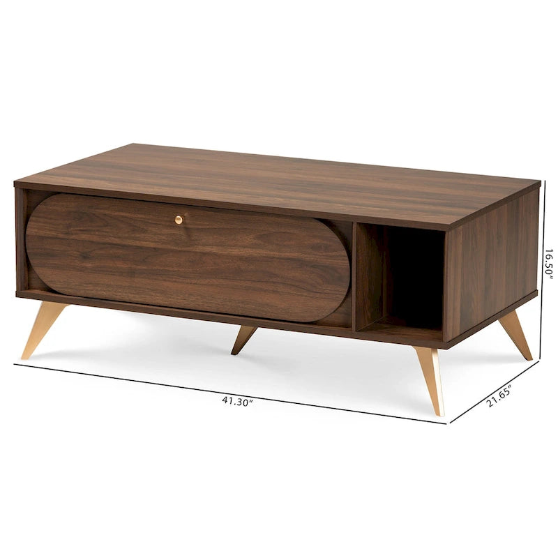 Table basse en bois au fini noyer brun et or, style Mid-Century