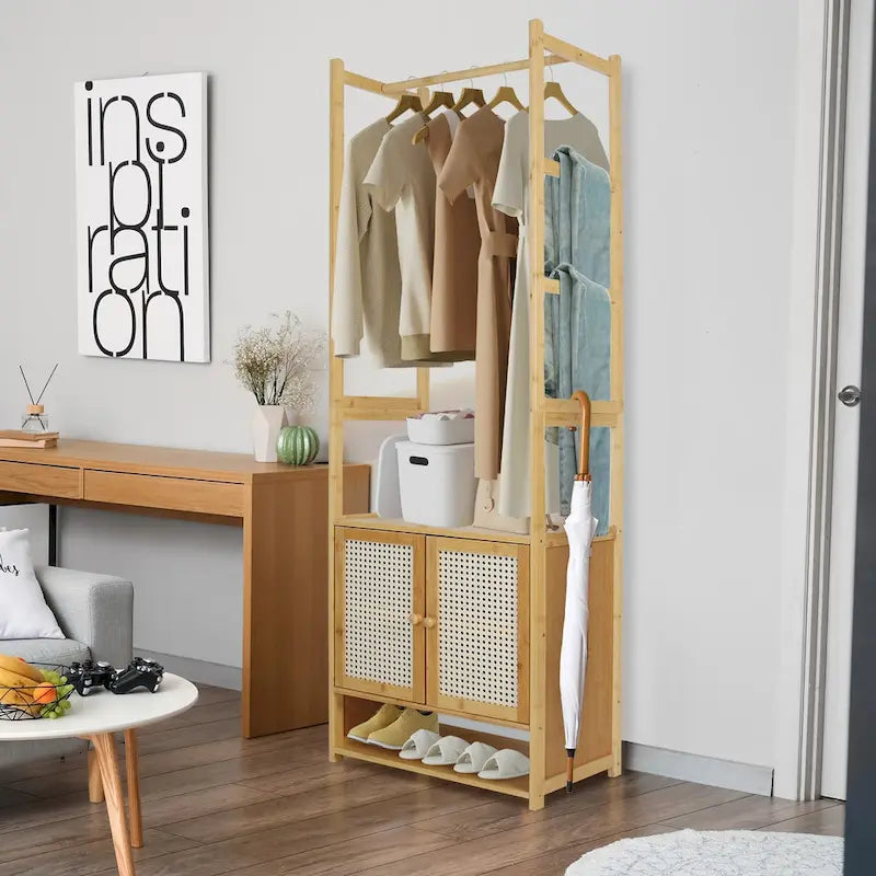 Bamboo Garment Rack with Clothes Rail Storage Organiser