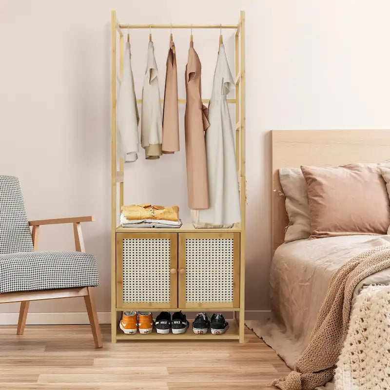 Bamboo Garment Rack with Clothes Rail Storage Organiser
