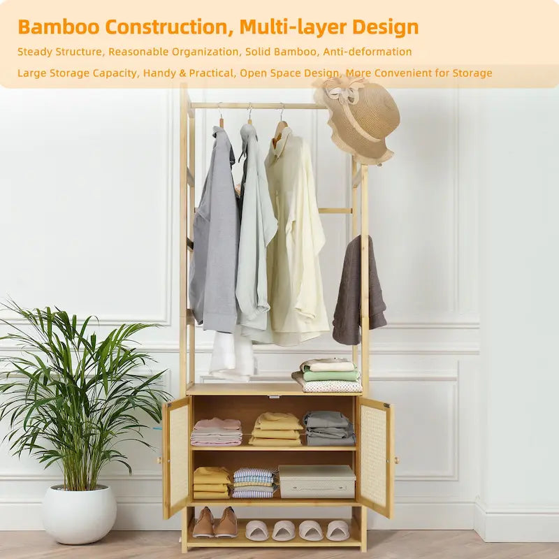 Bamboo Garment Rack with Clothes Rail Storage Organiser
