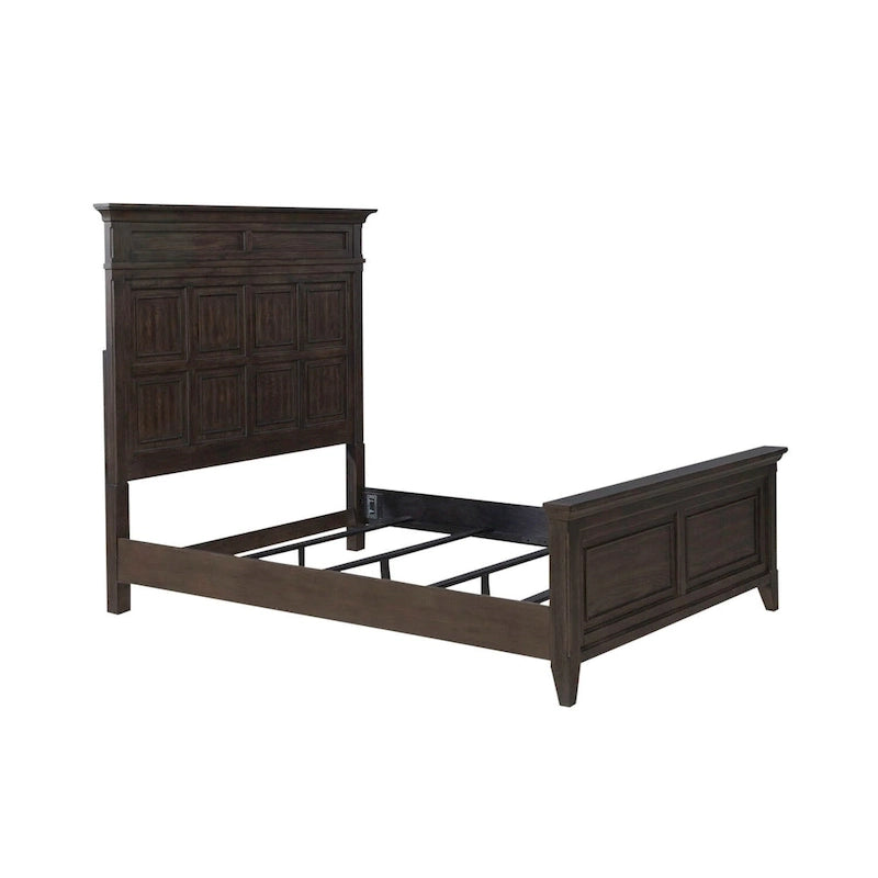 Saddle Brown Panel Bed, Dresser and Mirror, & Nightstand
