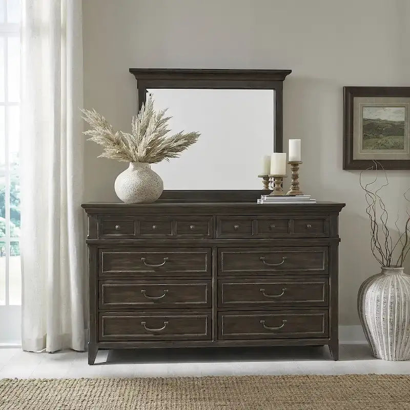 Lit à panneaux marron selle, commode et miroir, et table de chevet