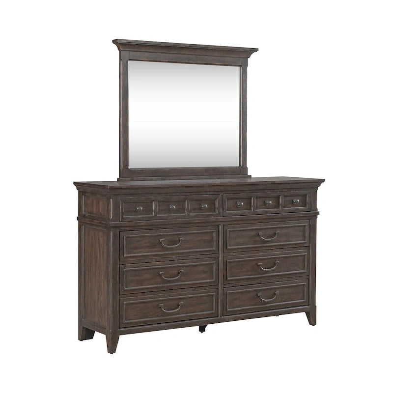 Lit à panneaux marron selle, commode et miroir, et table de chevet