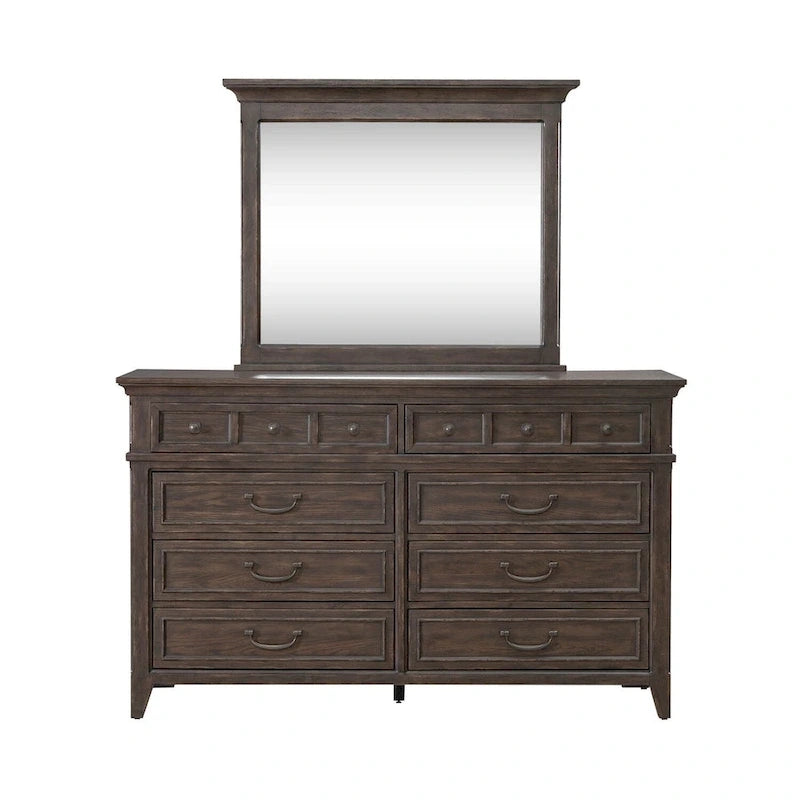Lit à panneaux marron selle, commode et miroir, et table de chevet