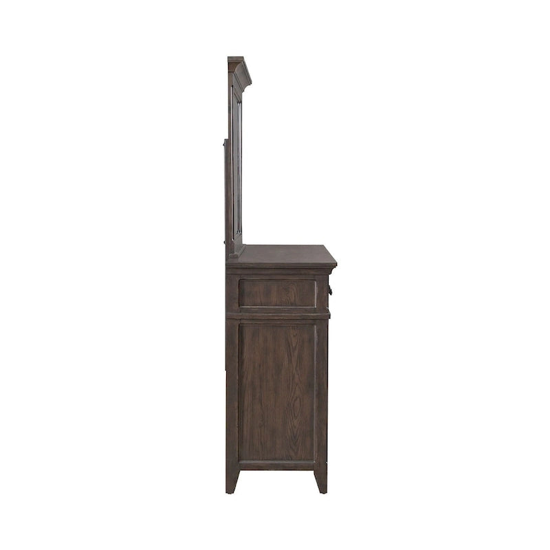 Lit à panneaux marron selle, commode et miroir, et table de chevet