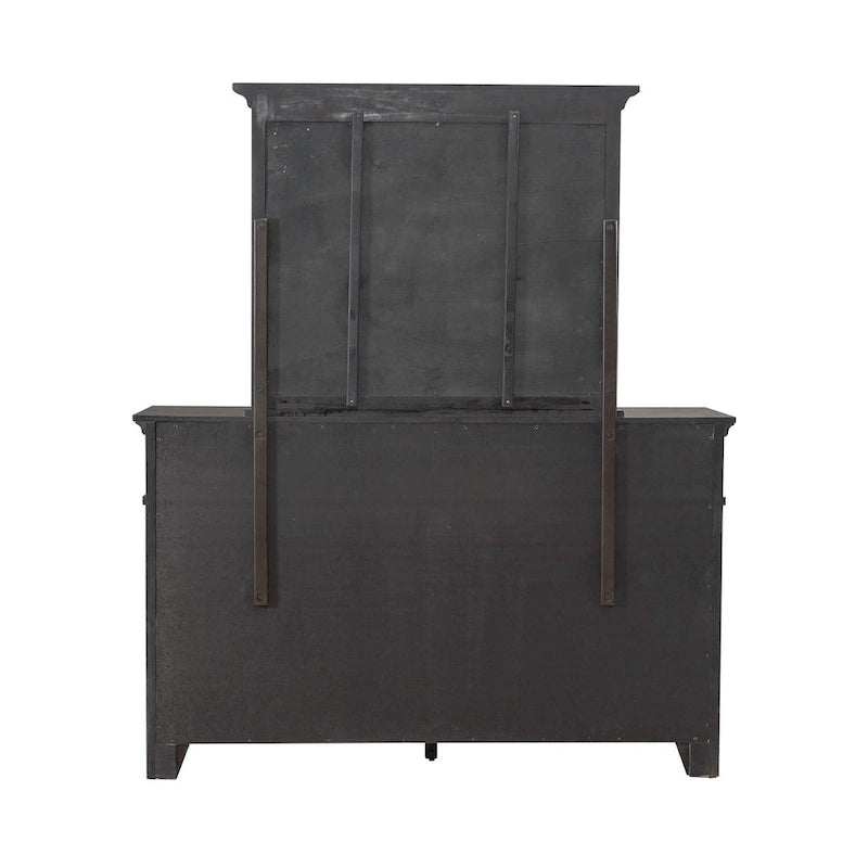 Lit à panneaux marron selle, commode et miroir, et table de chevet
