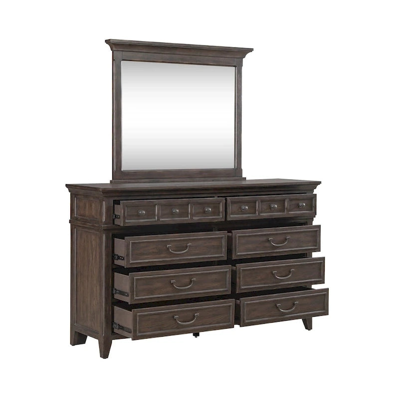 Lit à panneaux marron selle, commode et miroir, et table de chevet
